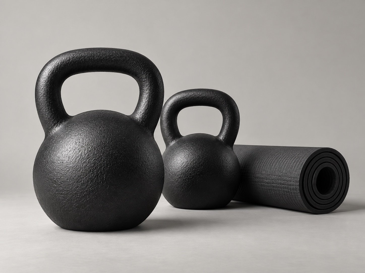 Illustrative kettlebells and a rolled exercise mat